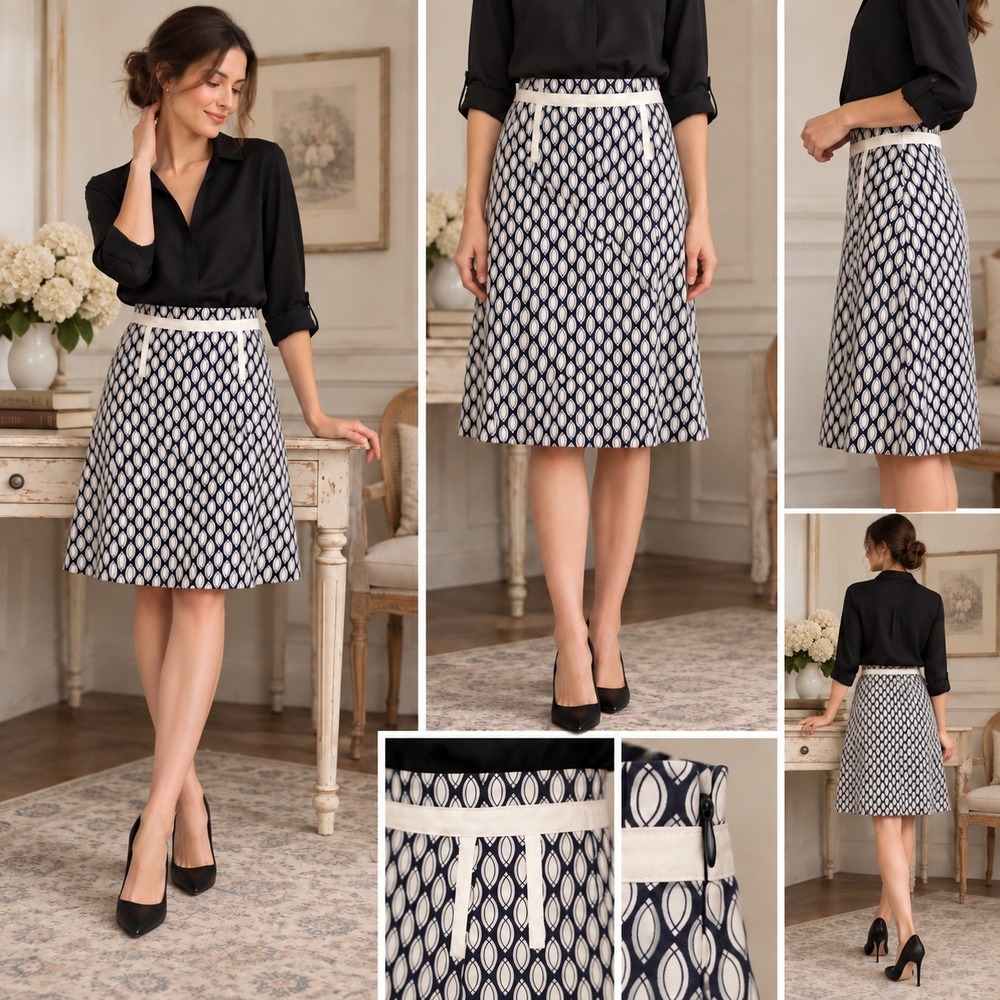 Gap Navy Blue White Geometric A-Line Skirt Size 2 Reg Side Zip Office Casual